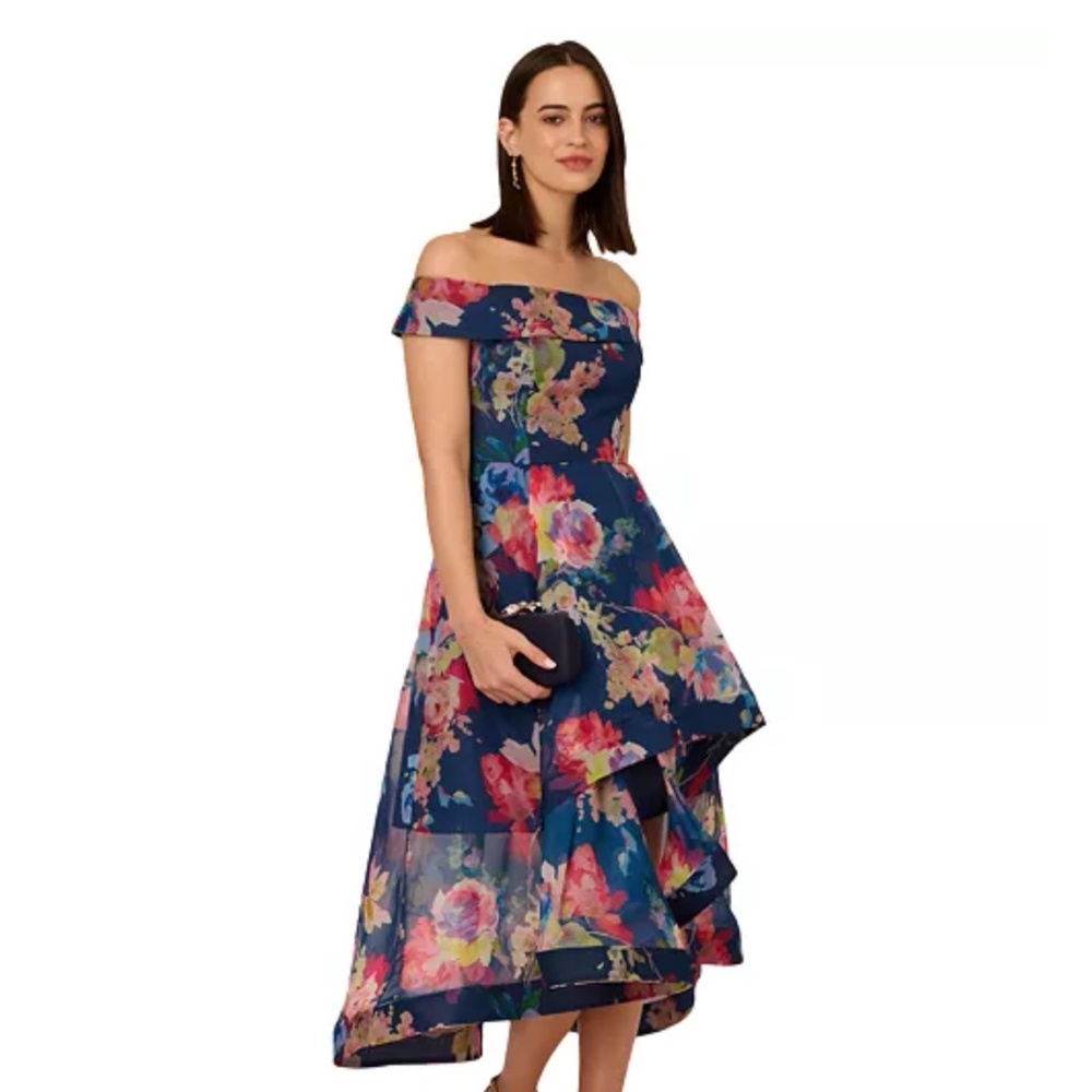 Floral party DRESS Navy/Multi:  Women's Floral Organza High-Low Gown